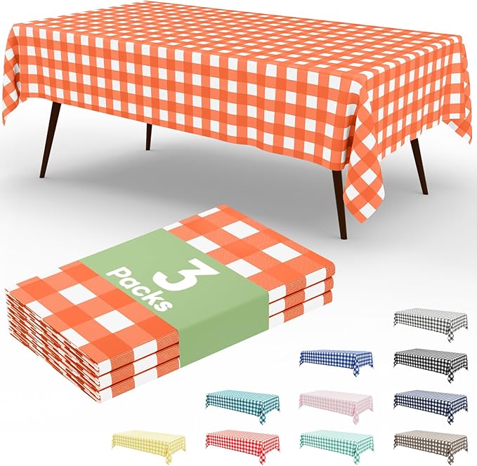 Smiry 3 Pack Orange Gingham Disposable Tablecloths - 54" x 108" Heavy Duty Plastic Table Cloth, Waterproof Buffalo Plaid Table Covers for Picnic, Banquets, Outdoor Parties