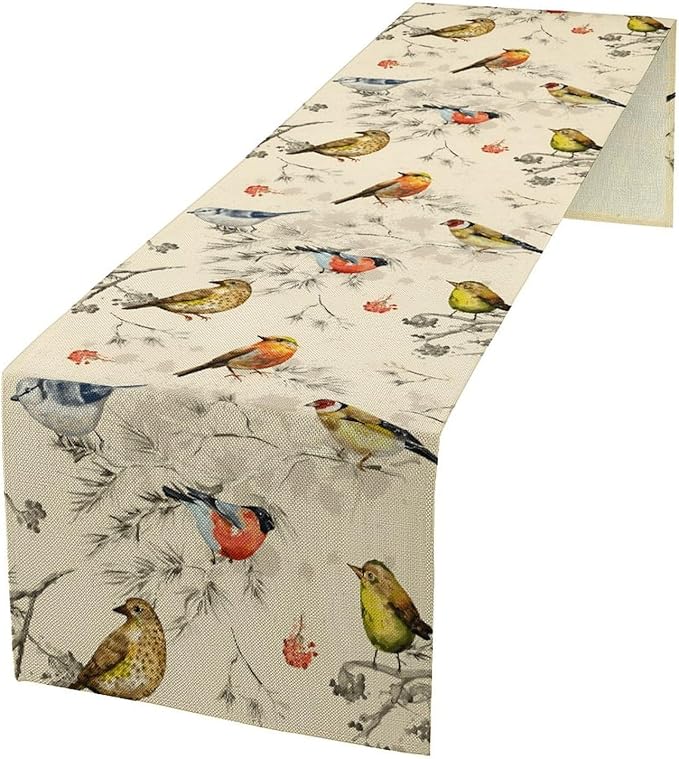 Vintage Bird Table Runner,Watercolor Winter Perching Birds Table Decoration for Kitchen Dining Table Holiday Indoor Outdoor Home Party Decor 13x90in
