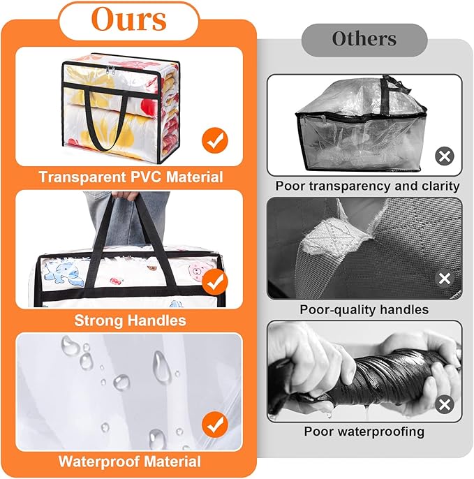 SpaceTrove Clear Clothes Storage Bags, 8 Pack Closet Organizers and Under Bed Storage Containers, Foldable Moving Bags with Zippers for Comforter, Blanket, Bedding, Duvet, PVC Packing Bags 60L