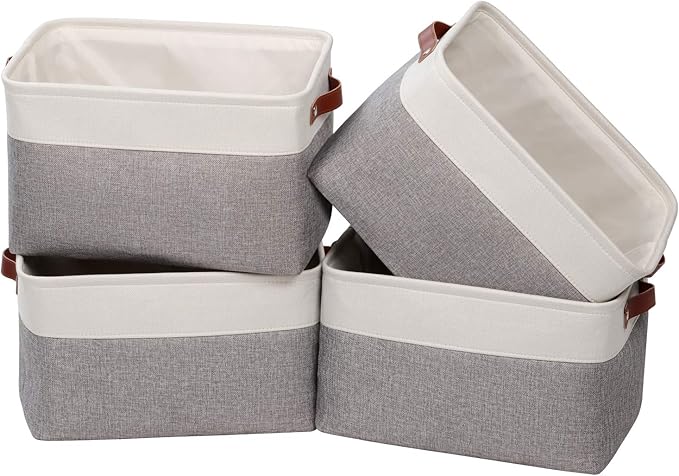 Univivi Fabric Storage Baskets Hard Bottom for Shelves,15X10.5X9.5 inch Rectangle Linen Closet Organizers,Foldable Storage Bins with PU Handles,Gray,4PC