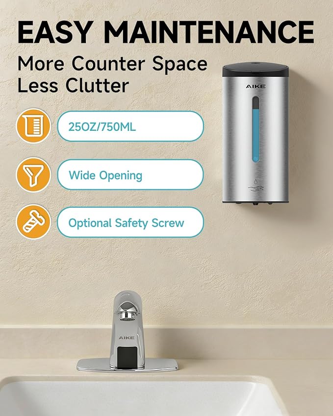 AIKE Classic Automatic Soap Dispenser,25 oz Liquid Wall Mount,Brushed Stainless Steel Finish Model AK1205E