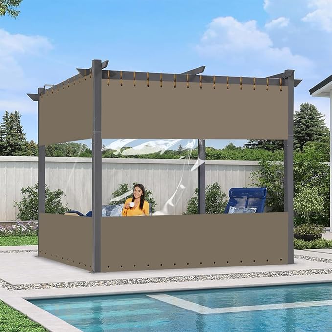 Covers & All Outdoor Clear Panel Curtain, 12 oz Vinyl Outdoor Curtains for Patio, Weather Resistant Waterproof Tarp with Brass Grommets for Pergola, Porch, Gazebos, Balcony (8'H x 8'W Feet, Beige)