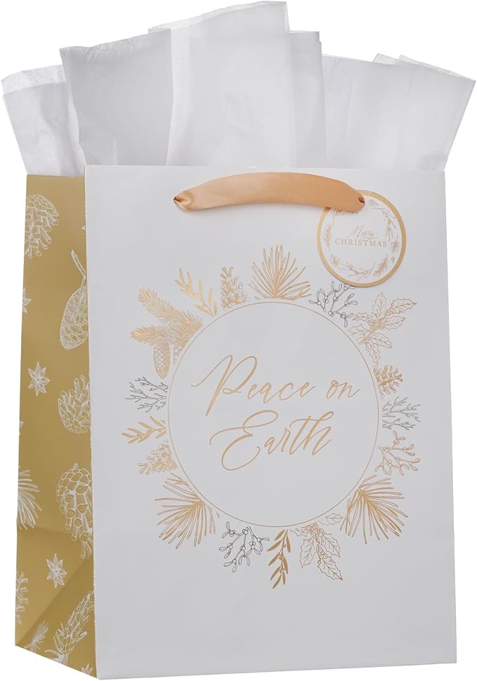 Christian Art Gifts Large Portrait Inspirational Christmas Gift Bag, Tag & Wrapping Tissue Paper Set for Men & Women: Peace on Earth Winter Pine Theme, Sturdy Satin Ribbon Handles, Festive White/Gold