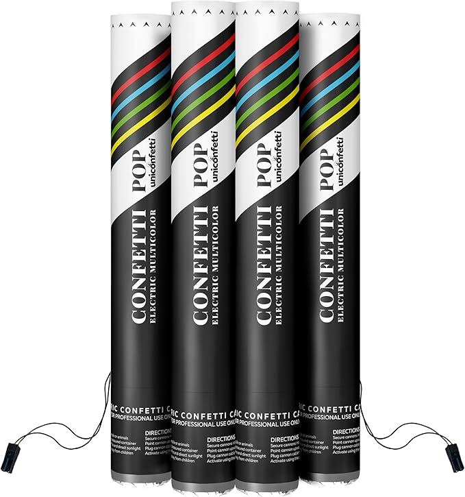 Electric Confetti Cannon Cartridges, 4 PIECES — 16" Multicolor Poppers for Weddings, Parties, Events | Requires 2-Shot/4-Shot Confetti Machine to Activate