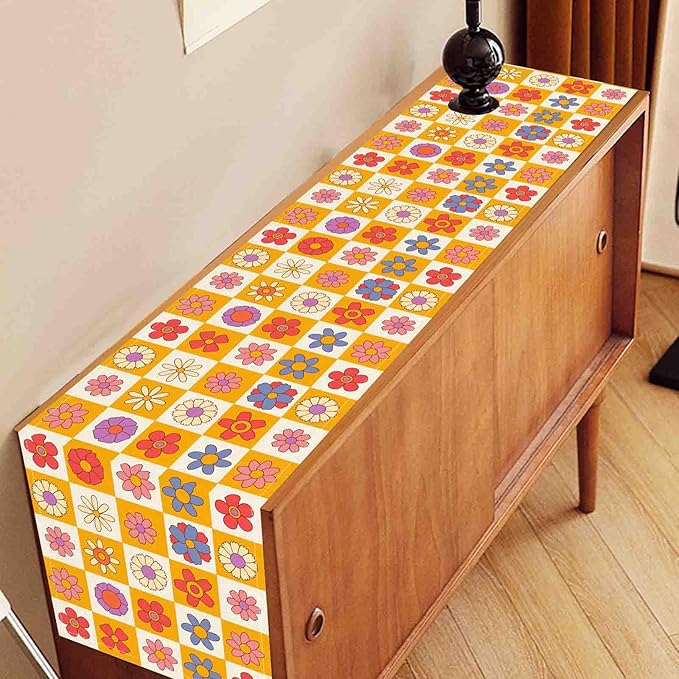 70s Table Runner, Retro Groovy Hippie Daisy Floral Colorful Checkered Funky Trippy Coffee Table Center Decor for Home Kitchen Dining Patio Holiday Party Indoor Outdoor Table Decorations, 13"x36" Inch