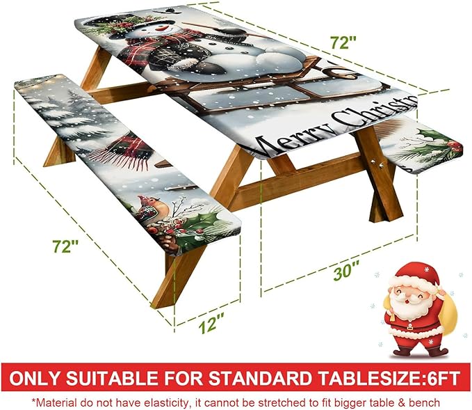 Picnic Table Cover with Bench Covers Set of 3, Elastic Fitted Tablecloth for 6 Foot Tables, Washable Polyester Tablecloths for Camping, Indoor & Outdoor