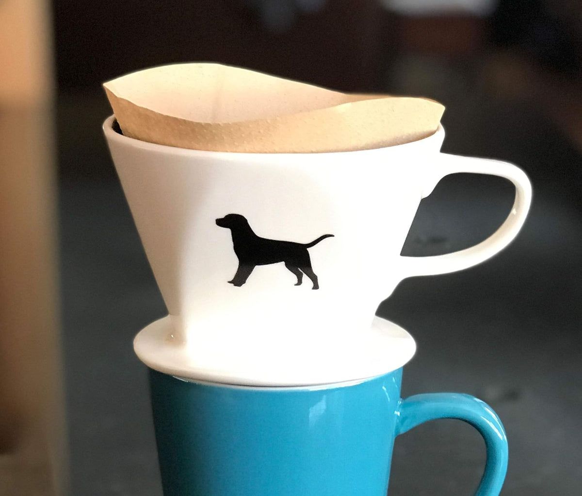Simply Charmed Black or Golden Lab Coffee Pour Over Single Cup Ceramic Brewer with Melitta Filters 8 to 16 oz Depending on How Much Water/Grounds You