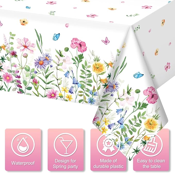 3Pcs Spring Floral Plastic Tablecloth,Pink Purple Blue Flower Butterfly Disposable Table Cover for Home Decor Summer Spring Picnic Dining Holiday Weeding Birthday Tea Party Decorations,54x108 Inch
