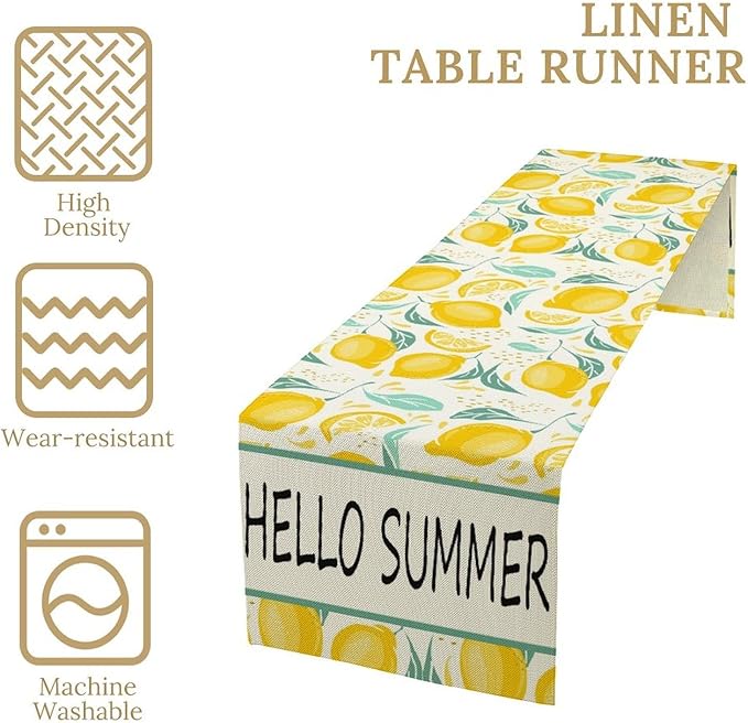 Spring Yellow Lemon Table Runner, Hello Summer Seasonal Exotic Fresh Fruits Plants Branch Leaves Print Table Cover for Farmhouse Kitchen Table Party Decor, 13x36inch