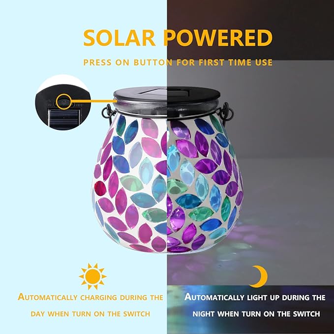 Afirst Mosaic Solar Lanterns Outdoor - Glass Hanging Solar Lights Hollow Out Waterproof Table Lamp Outdoor Decorative for Garden, Patio, Holiday Party Outdoor Decoration