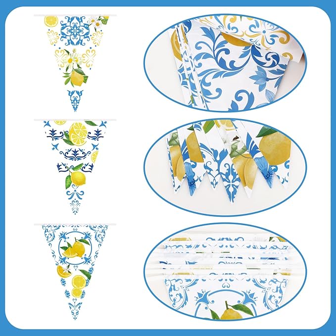 6 Pack Blue Tiles Lemon Party Banner Capri Lemon Pennant Banner Pre-Strung Summer Lemonade Triangle Flag Bunting Garland for Wedding Birthday Bridal Shower Bachelorette Party Decorations