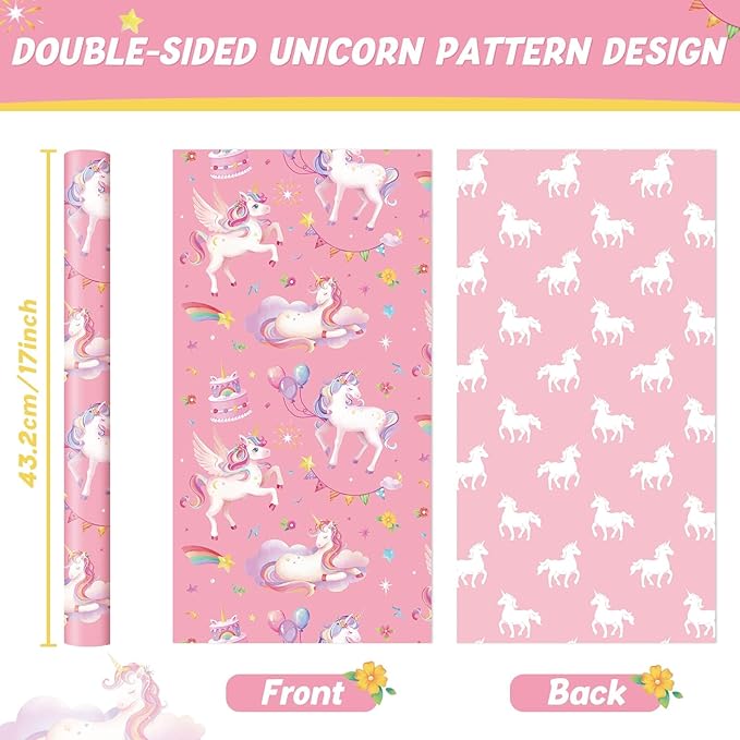 WERNNSAI Watercolor Unicorn Wrapping Paper - 1 Roll 17” x 33 ft Happy Birthday Wrapping Paper Roll Rainbow Birthday Gift Wrap for Kids Girls Princess Party Favor Unicorn Silhouette Design