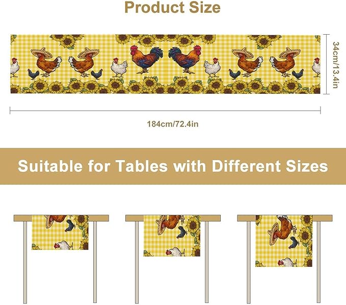 Farm Rooster Table Runner, Retro Western Farmhouse Chicken Sunflower Retro Yellow Buffalo Grid Print Table Runner for Dinning Holiday Party Indoor Outdoor Decor, 13x36inch