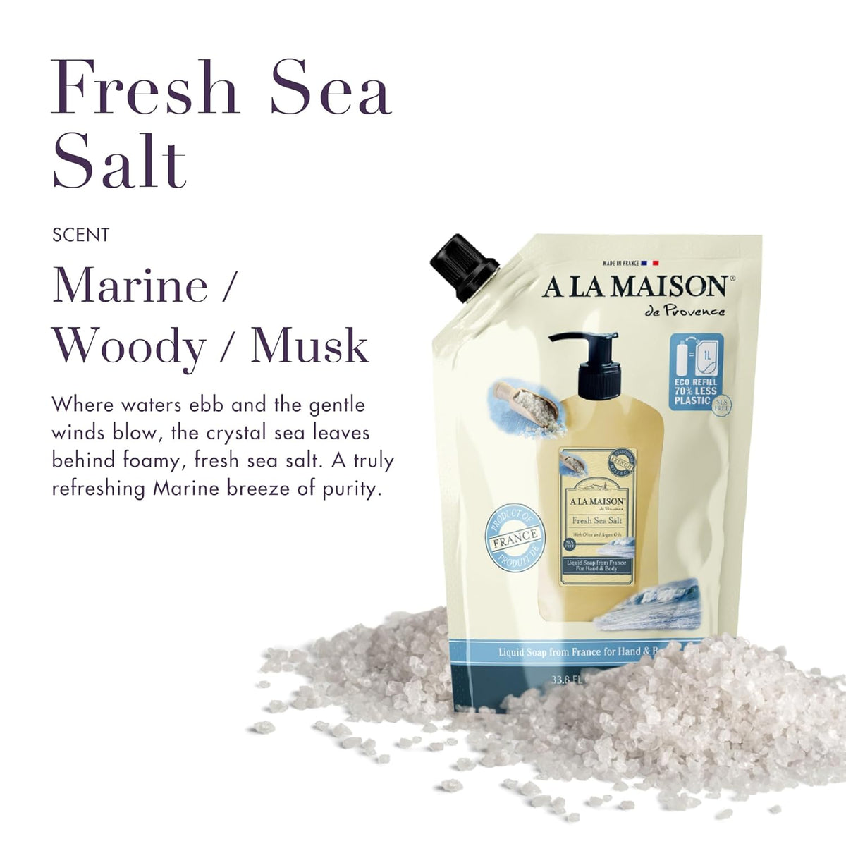 A LA MAISON French Liquid Hand Soap Eco-Friendly Refill Pouch, Fresh Sea Salt - Natural Hand Wash Made with Essential Oils - Biodegradable, Plant-Based, Vegan, Alcohol & Paraben Free (33.8 oz, 2 Pack)