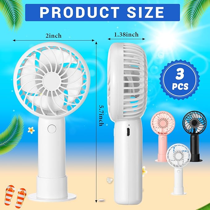 Tujoe 3 Pcs Mini Powerful Handheld Fan 3 Speed Personal Small Portable Rechargeable Fan with Base USB for Women Eyelash Makeup Office Travel Beach Indoor Outdoor (Multicolored)