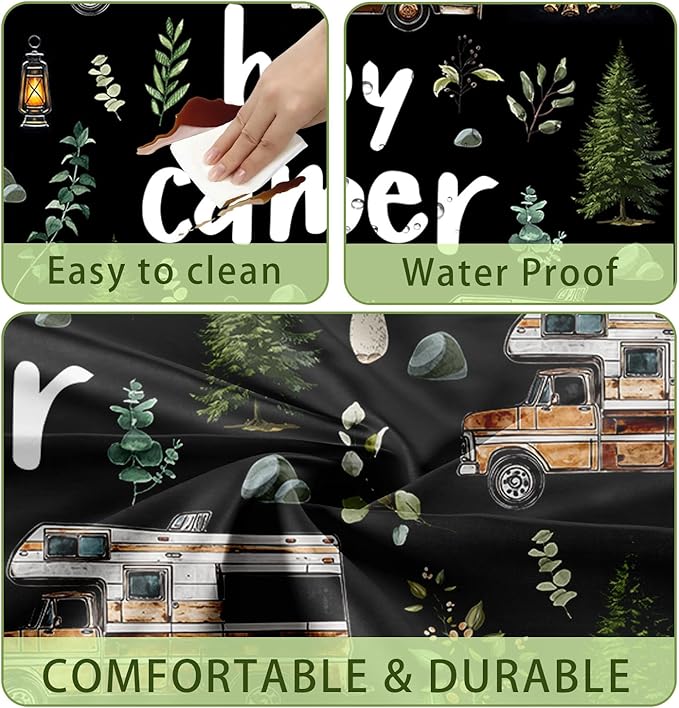 JAWO Picnic Table Cover with Bench Covers, Happy Camper Tablecloth,RV Plants Bonfire Black Rectangle Tablecloth for Indoor Outdoor Patio, 96x30 Inch