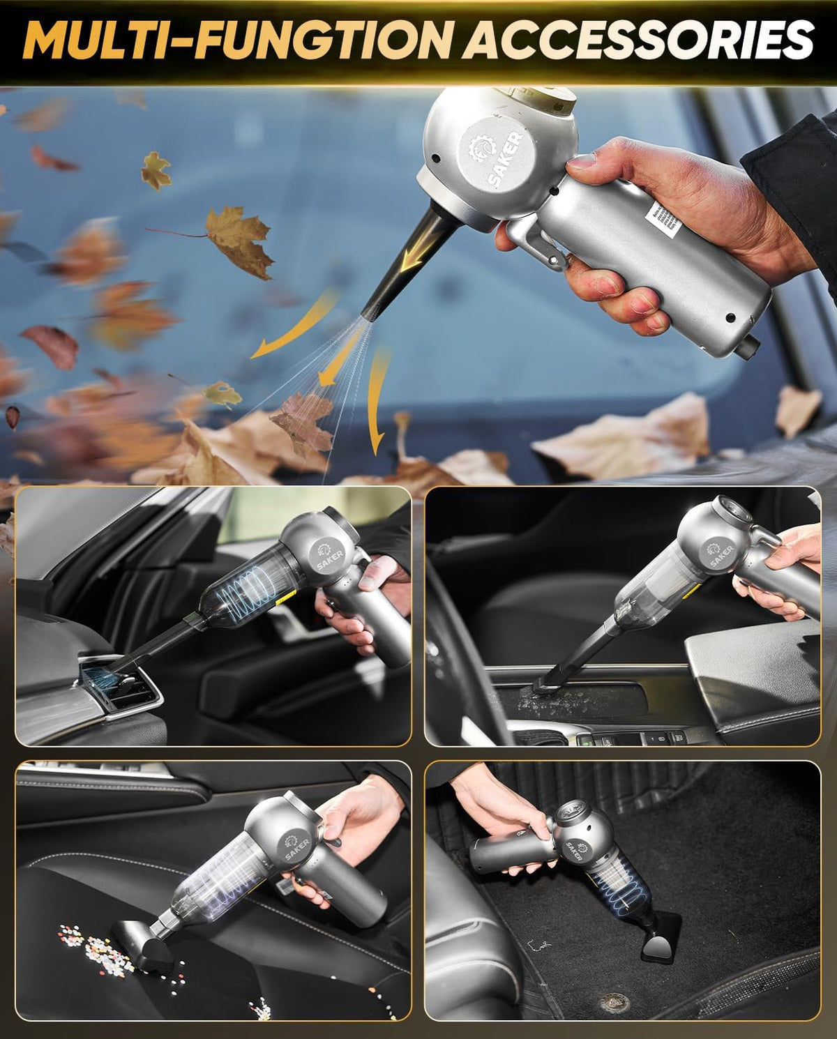 Saker Car Vacuum Portable 6-in-1 Handheld Cordless Vacuums, 20000PA Suction, 7800mAh Blower, Window Breaker, Seatbelt Cutter for Car, Home & Office Cleaning SW102 Silver
