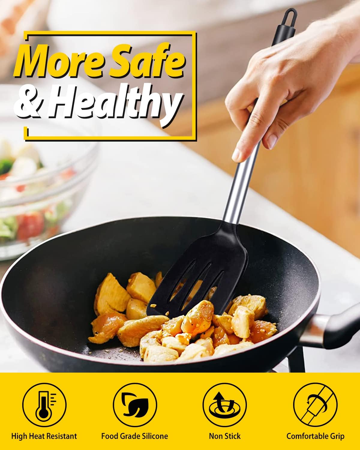 Pack of 2 Silicone Solid Turner, Non Stick Slotted Kitchen Spatulas, High Heat Resistant BPA Free Cooking Utensils, Ideal Cookware for Fish, Eggs