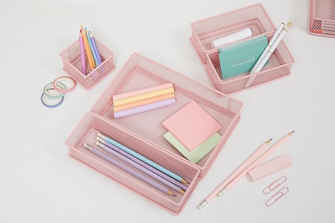 Annova Mesh Stackable Drawer Cabinet and Shelf Organizer Bins Storage Basket School Office Supply Holder Tray- Set of 2 (Light Pink, 6x15x2 Inch)