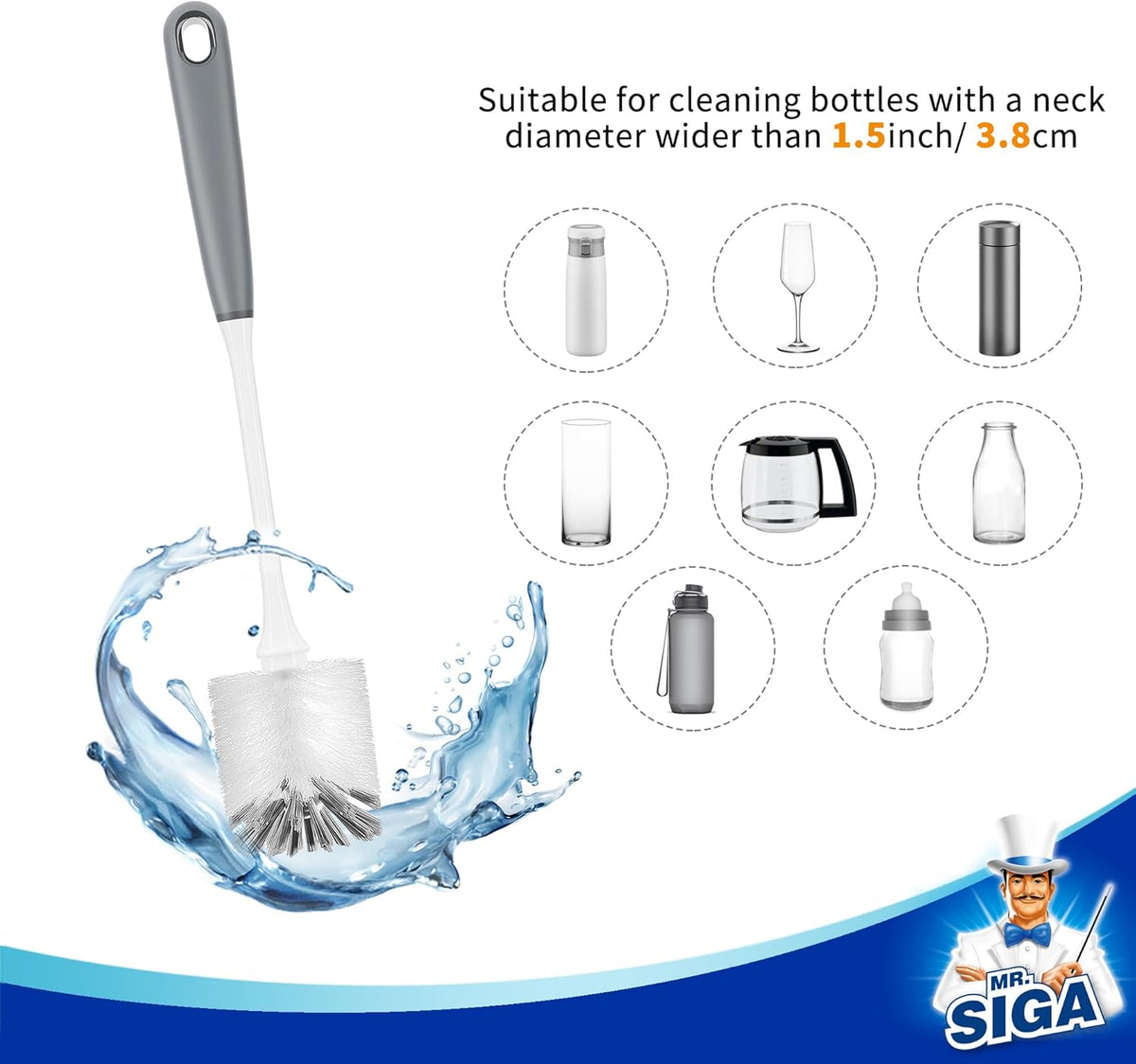 MR.SIGA Long Handle Bottle Brush, Flexible Scrub Brush for Water Bottles, Glasswares, Mugs, Gray, 2 Pack