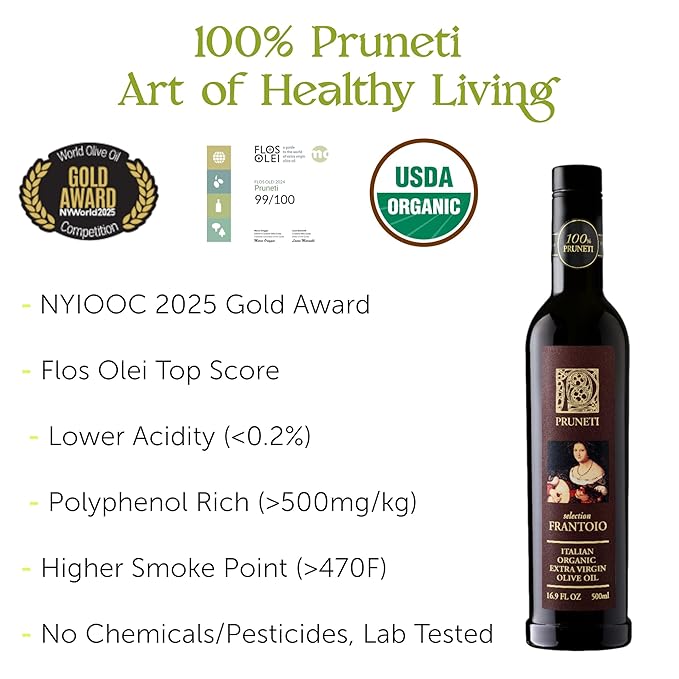 Pruneti Frantoio Organic Extra Virgin Olive Oil – Italian Olive Oil from Tuscany, Italy, 2025 Gold Award Winner – 500+ mg/kg High Polyphenols evoo