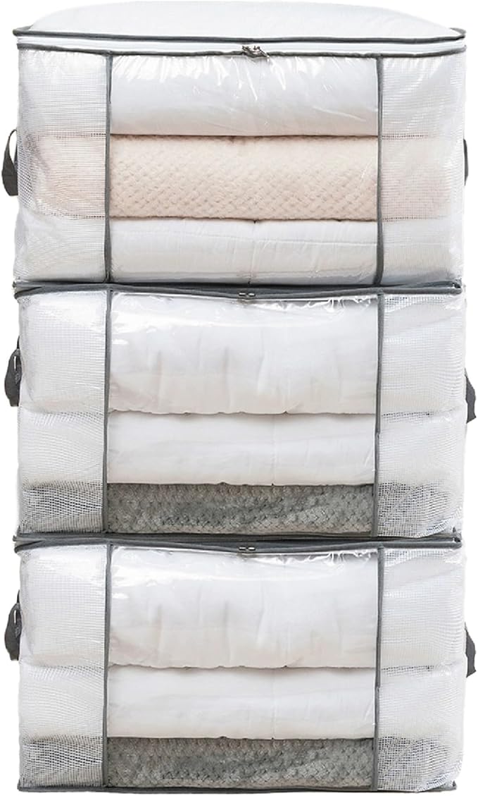 3 Pack 80L Large Clear Comforter Storage Bags,Clothes Storage Bins Foldable Closet Organizer Storage Containers and for Clothes, Blanket, Bed Sheets,Toys, Pillows(Gray)