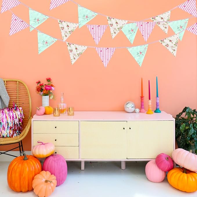 Zwiebeco 32Ft Pink Blue Floral Fabric Pennant Banner Bunting Cotton Flower Triangle Flag Decoration for Birthday Wedding Engagement Bridal Baby Shower Tea Party Spring Rustic Village Home Garden Décor