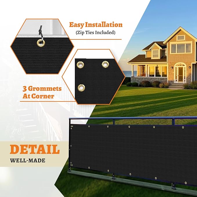 2.5' x 54' Balcony Privacy Screen Fence Cover with Zip Ties Grommets for Apartment Patio Porch Deck Backyard Outdoor (Black)