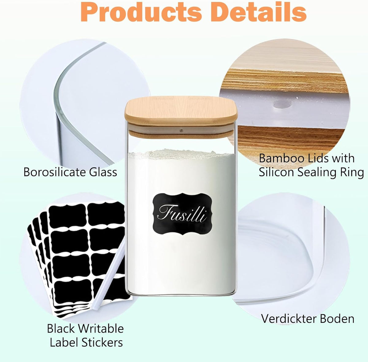 Square Glass Jars Canister with Wood Lid 37 FL OZ [Set of 4], Container Jar with Sealing, Lids for Oat Pasta Flour Cereal Rice Sugar Tea Coffee Beans
