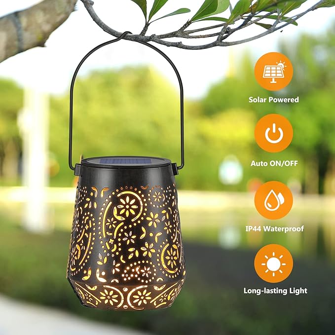 Solar Lanterns Outdoor Waterproof Hanging Solar Lantern, Retro LED Solar Powered Lantern Lights with Handle for Patio Garden Yard Pathway Lawn Porch Decor 2 Pack (Black)