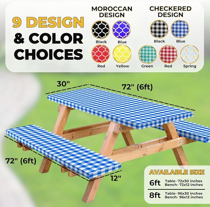 RNOONY Vinyl Fitted Picnic Table Cover with Bench Covers and Bag, 6ft Outdoor Waterproof Picnic Tablecloth with Elastic Edges, 72x30 Inches 3 Pcs Set (Blue Checkered)
