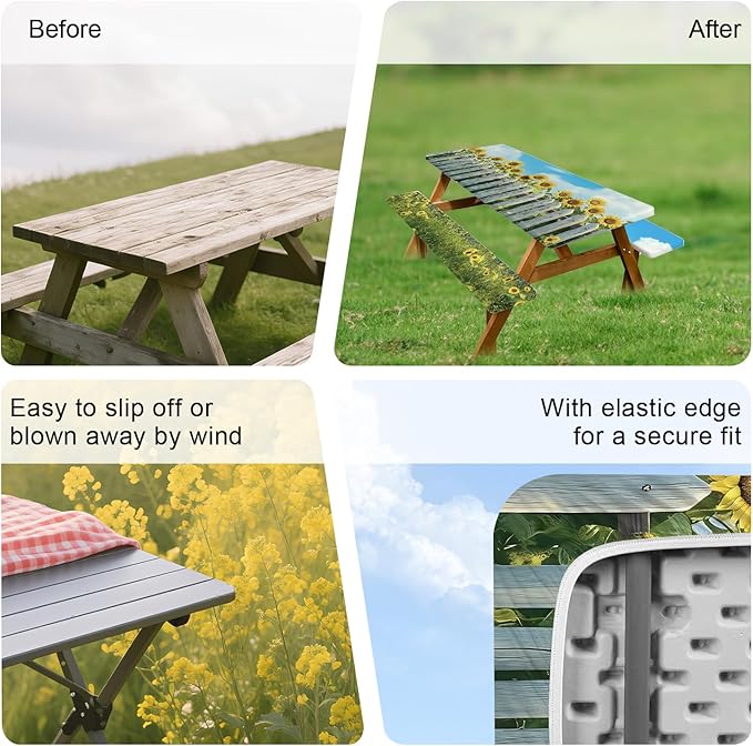 ANNA QUEEN 6FT Sunflower Picnic Table Cover with Bench Covers Spring Picnic Table Cover Set 3PCS 72"x30", Waterproof Outdoor Bench and Tablecloth Furniture Protection for Camping Beach