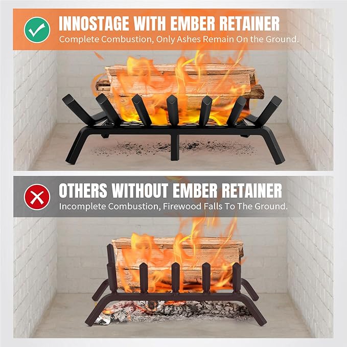 Fireplace Grates with Ember Retainer- 21 Inch Fireplace Log Grate Heavy Duty Solid Steel 7-Bars, Fire Grate, Inside Wrought Cast Iron Wood Stove Pit for Indoor Outdoor Chimney Hearth