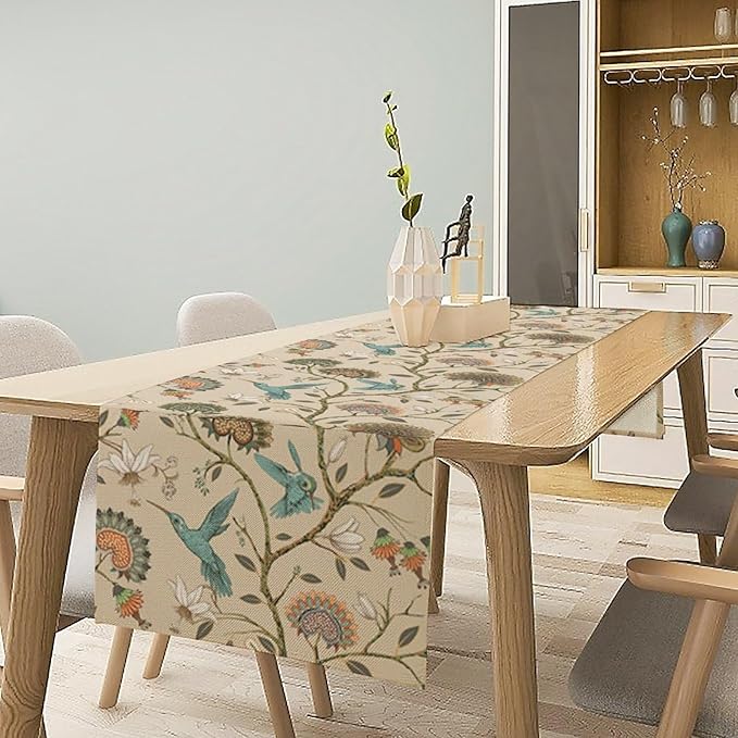 Floral Bird Table Runner,Vintage Boho Flower Birds Print William Morris Style Table Runner for Kitchen Dining Table Holiday Home Party Decor 13x108in