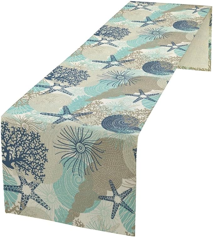 Marine Life Table Runner, Sea Underwater World Ocean Creature Table Runner for Dining Kitchen Party Holidays Home 13x70in