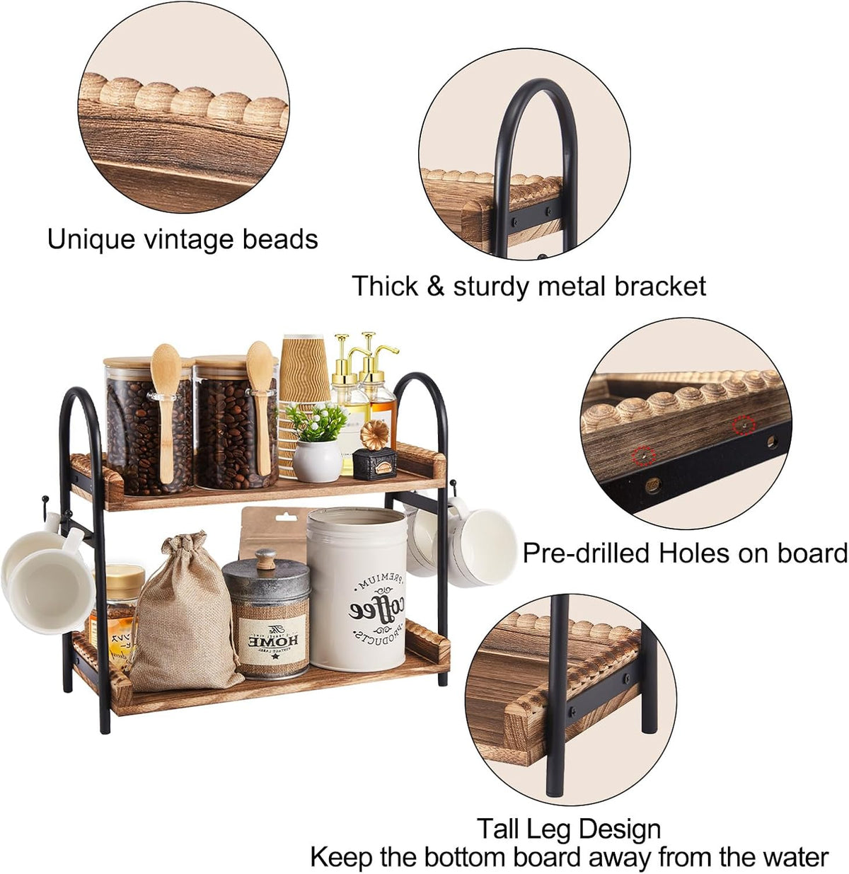 Coffee Bar Accessories, 2-Tier Coffee Bar Organizer with 4 Coffee Cup Holder Hooks