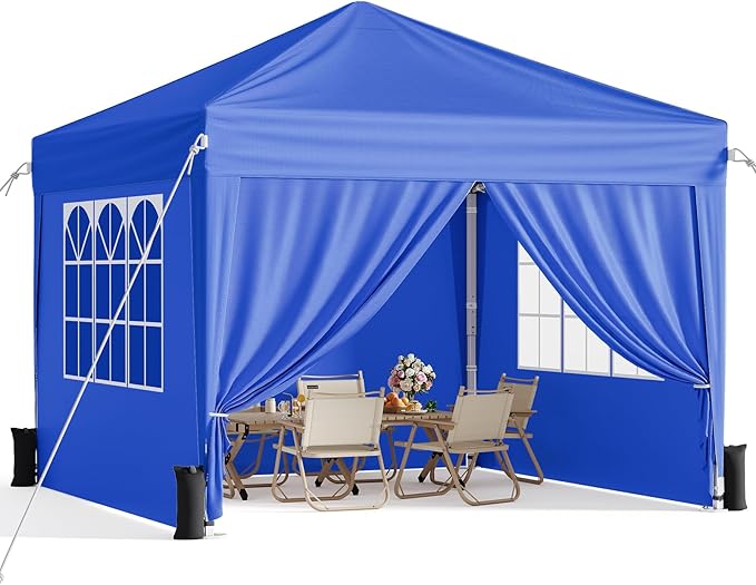 10x10 Pop Up Canopy with Sidewalls, Instant Portable Canopy Tent with Carry Bag for Commercial Events, Camping, Parties - Blue