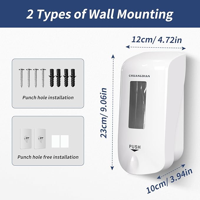 Manual Foaming Soap Dispenser,1000ml Wall Mounted Hand Soap Dispenser,Large Viewing Window,Super Easy Refills,for Commercial & Home, Pearl White