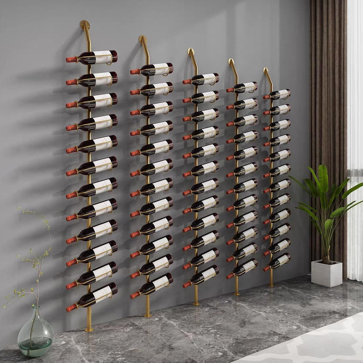 Wine Rack Wall Mounted, 72.8in High Metal Wine Bottle Holder for 12 Bottles, Kitchen Organization and Wine Storage for Commercial Restaurants Pantry Bar Wine Cellar (Gold, One row-12 Bottles)
