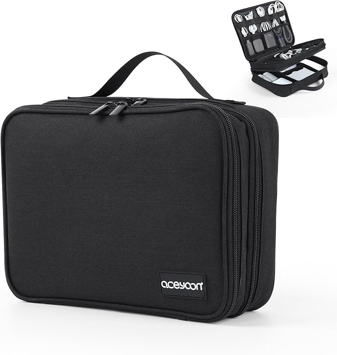 aceyoon Electronics Organizer Travel Case, Waterproof Cable Organizer Bag for Electronic Accessories, 3 Laye Travel Cord Organizer Case for Cord, Power Bank, Charger, Phone, Tablet, SD Card, Black