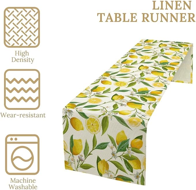 Lemon Table Runner, Summer Fruits Green Leaves Flower Plant Table Runner for Farmhouse Coffee Home Kitchen Dining Party Outdoor 13x90in
