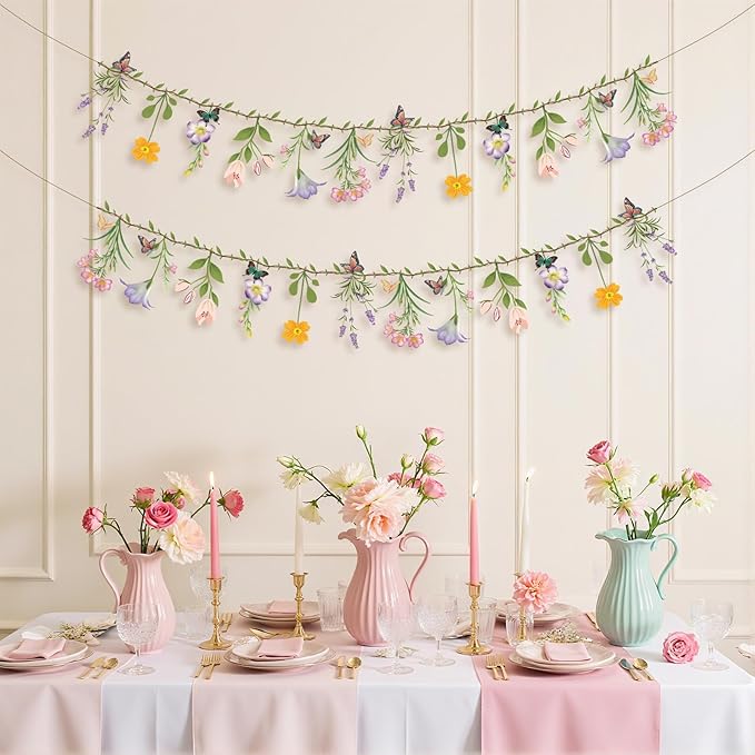 2PCS Flower Banner Reusable Wildflower Garland Floral for Spring Party Enchanted GardenTheme Picnic Wedding Baby Shower Birthday Tea Party Supplies Home Decorations (Green-Smaller)