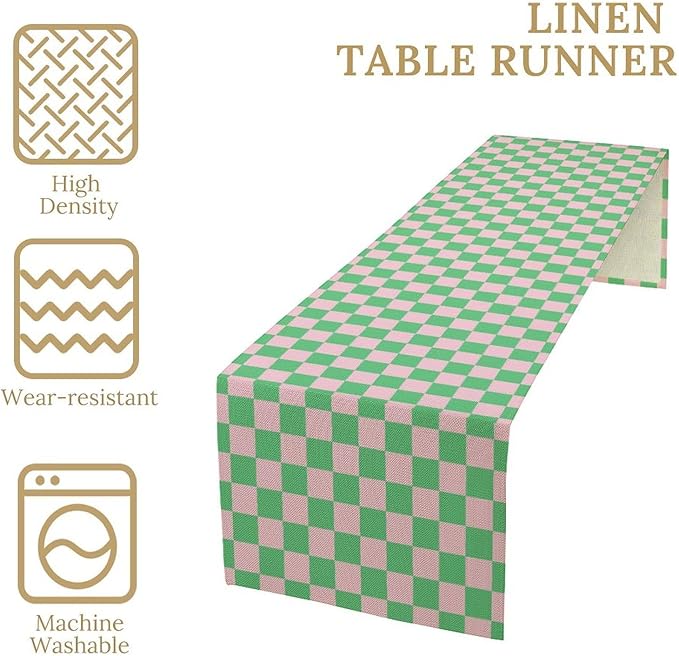 Retro Checkered Table Runner, Cute Pink Green Checkerboard Vintage Hippie Modern Aesthetic Table Runner for Party Kitchen Dining Home Outdoor Banquet 13x120in
