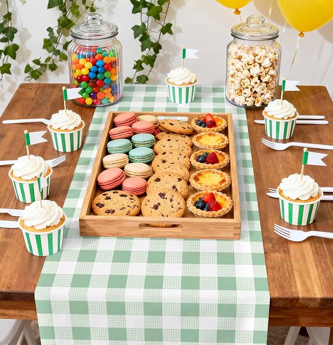 6 Pcs Sage Green and White Checkered Table Runner Plastic 14 x 108 Disposable Sage Green Gingham Table Runner for Birthday Wedding Baby Shower Party Table Centerpiece Decorations