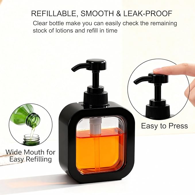 10oz Soap Dispenser, Plastic Hand Soap Dispenser for Bathroom & Kitchen, Waterproof Black Clear Soap Pump Bottle, BPA Free Leak Proof Refillable Lotion Dispenser