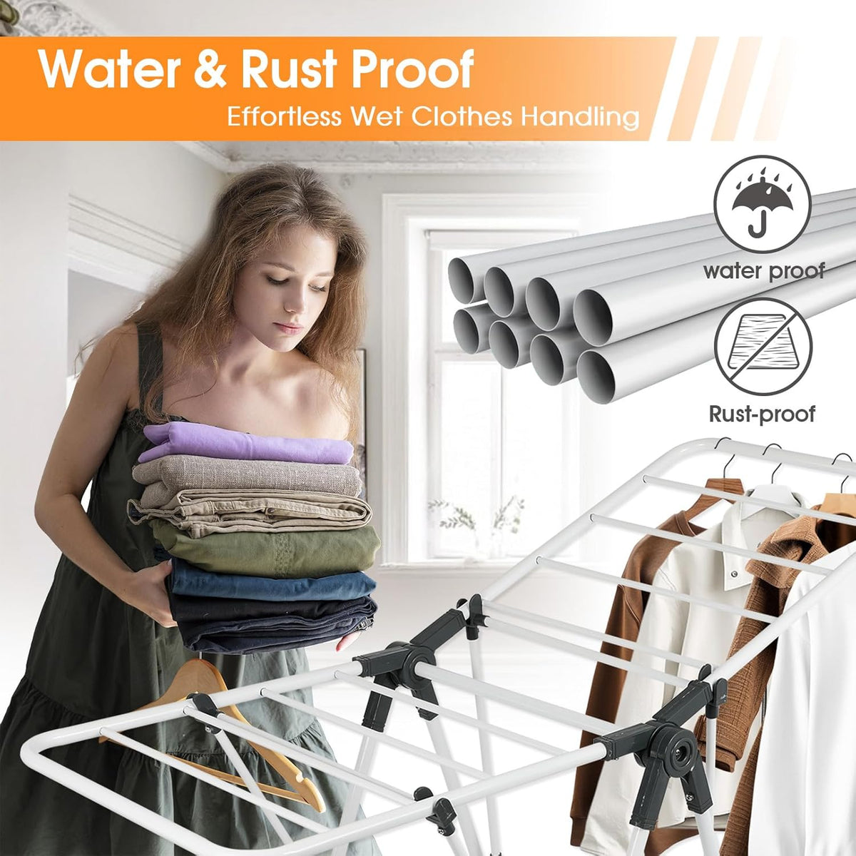 Clothes Drying Rack, Metal Foldable Laundry Drying Rack, with Adjustable Height Levels Wings, Space Saving, Indoor Outdoor Use