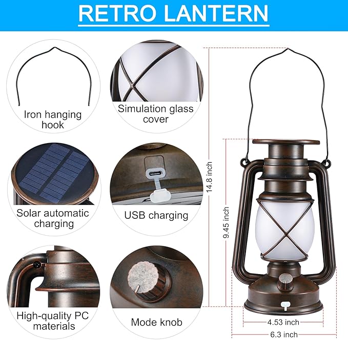Solar Lantern Outdoor, Hanging Solar Lights Flickering Flame LED Vintage Lantern, Waterproof Camping Lamps, Auto On/Off Landscape Decor for Patio Garden Yard Pathway Porch, Rechargeable Lanterns 2Pack