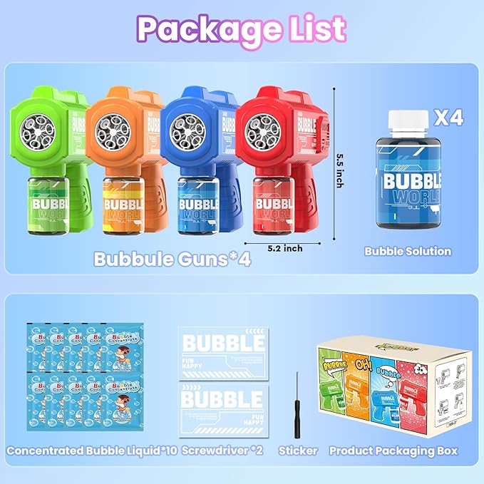 Panacare 4 Pack Bubble Gun 6 Holes with LED Night Light 10000+Rich Bubbles Automatic Bubble Gun Blower for Kids, Summer Outdoor/Indoor/Party/Birthday/Wedding Best Gifts for Kids