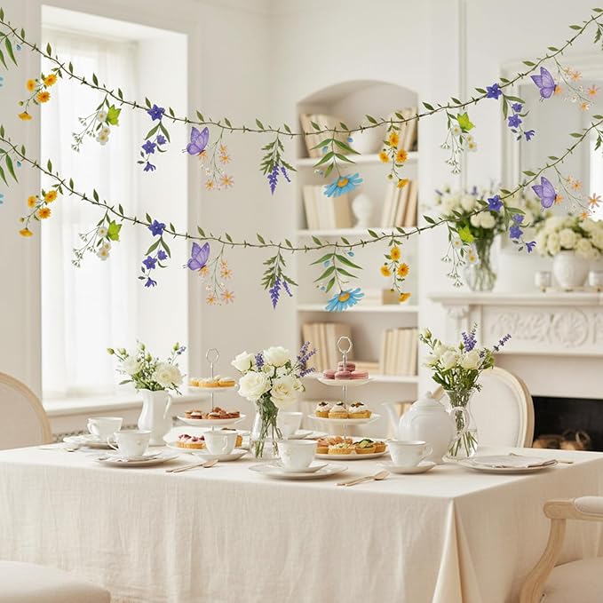 2 Pack Wildflower Garland Set, Pre-Strung Waterproof Spring Floral Garland for Wildflower Baby Shower Decorations, Bridal Shower Flower Birthday Spring Garden Tea Party Decor (160in Total)