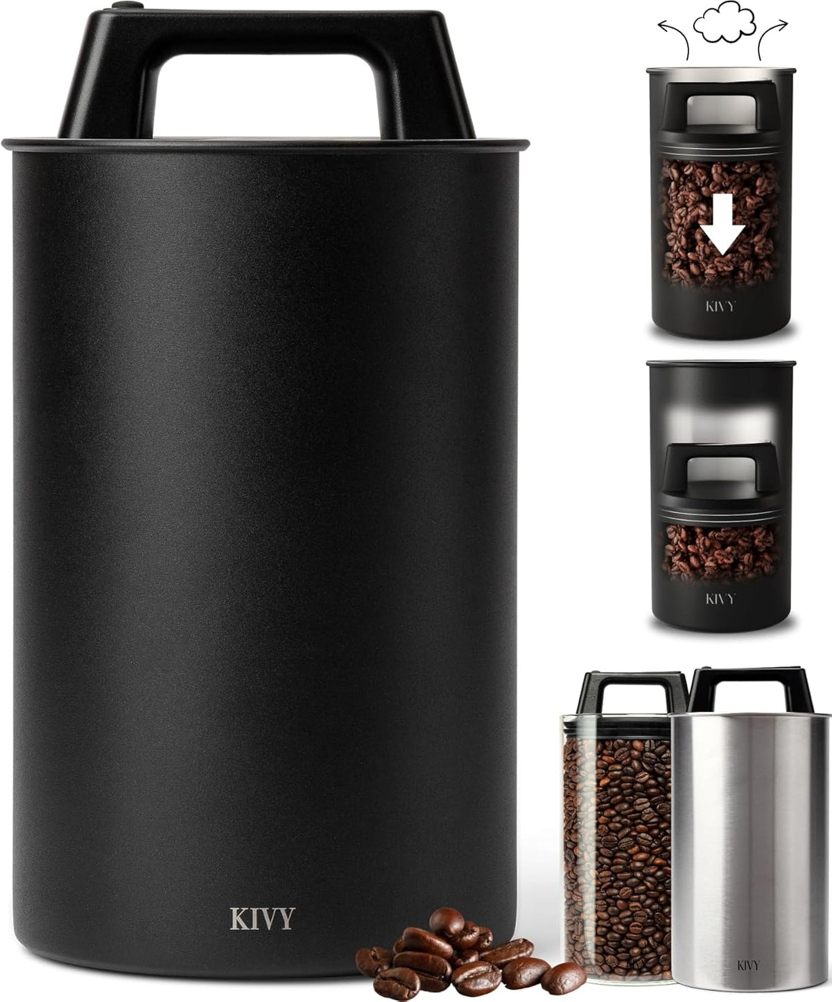 Kivy Vacuum Coffee Canister (Large) - Push Lid Preserves Aroma & Oil - Stainless Steel Airtight Canister
